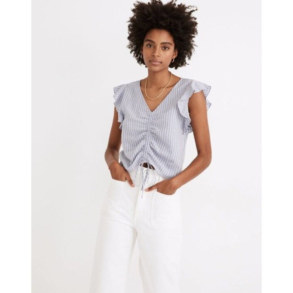 Madewell women's‎ 0 linen-blend ruffle sleeve drawstring crop top in stripe blue